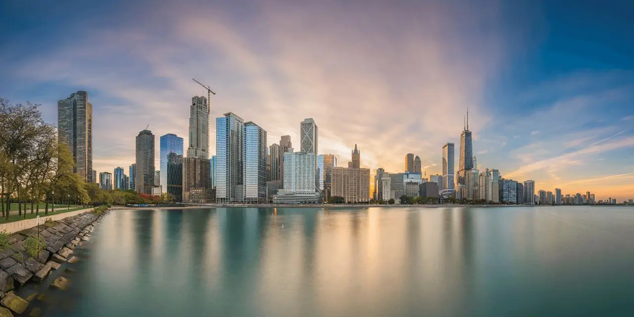 Chicago skyline view from a lake
